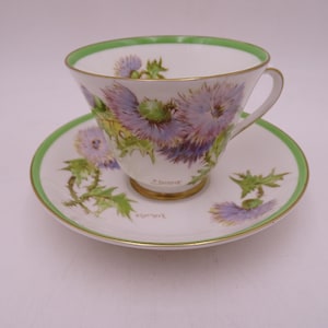 1937 Vintage Royal Doulton English Bone China &quot;Glamis Thistle&quot; Signed &quot;P. Curnock&quot; Teacup and Saucer Set R. 4601