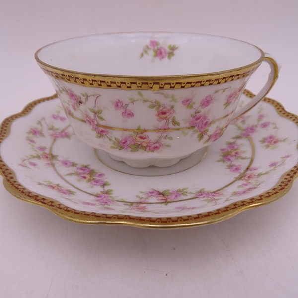 1880s Antique Vintage MZ Austria Kaiserin Maria Theresa Carlsbad China Pink Rose Teacup and Saucer Set Charming Tea Cup