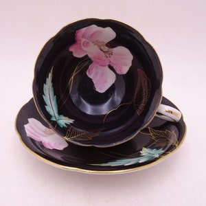 Spectacular Hand Painted Vintage Occupied Japan Black and Gold with Pink Orchid Teacup and Saucer - Just Amazing
