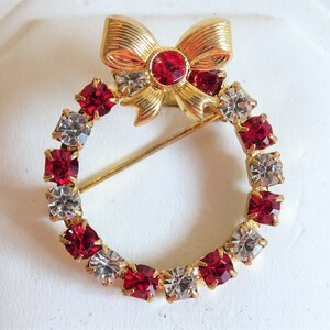 Red and Clear Rhinestone with Red Bow Detail Christmas Brooch Pin - Vintage Christmas Brooch