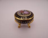 Vintage Limoges France Hand Embellished Cobalt Blue Fragonard Courting Couple Trinket Box or Pill Box or Ring Box