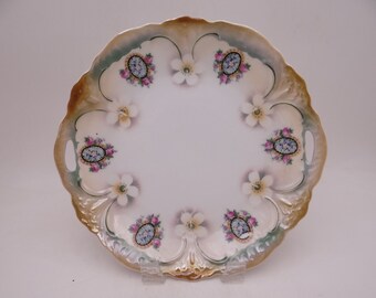 Made in Germany Ornate PS Bavaria Double Handled Cake Plate with White Roses and Lots of Intricate Gold Gilding Bridal Shower Gift
