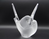 Vintage Signed Lalique Frosted Glass Dove Lovebird Crystal Vase Jewelry Holder - Lalique Vase - French Vase