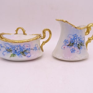 c1892-1907 Stunning Hand Painted Tressemannes and Vogt T & V  Limoges France Blue Floral Creamer and Sugar Set Artist Signed