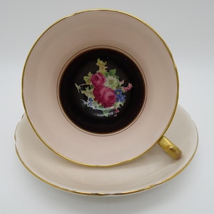 1930s Vintage Stanley Potteries English Bone China Pink and Black Floral Teacup and Saucer set Bright and Colorful Tea Cup