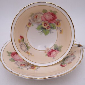 1950s Delightful Paragon English Bone China Beige Red Rose Floral Teacup and Saucer Pretty English Tea Cup A981