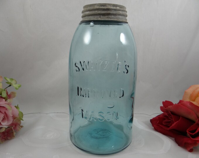 1920 Antique Swayzee's Improved Mason 2 Quart Half Gallon Aqua Blue