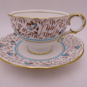1930s Vintage Mayfair English Bone China Hand Painted Blue Floral and Gold Teacup and Saucer Set Lovely Tea Cup