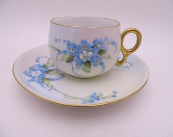 1880s Antique Bavarian ZSC Zeh Scherzer & Co Hand Painted Blue Floral Teacup and Saucer German Tea Cup - 5 available