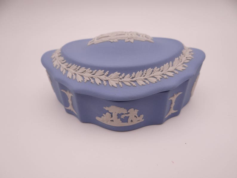 Near Mint Vintage Beautiful Wedgwood Jasperware English Bone China Pale Blue Cupid Silver or Candy Box