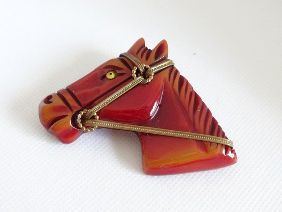 1940s Antique Carved Bakelite Horse Brooch Pin a … - image 1