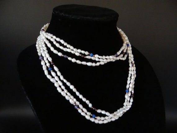 Three Vintage White Faux Pearl Necklaces with Blu… - image 3