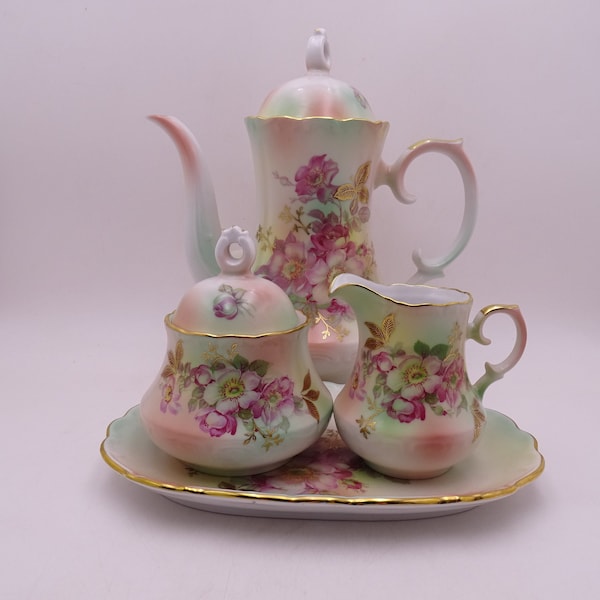 Stunning Vintage Schumann Arzberg Bavaria Colorful Floral Coffee Pot Set Teapot Set Creamer Sugar