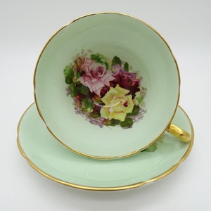 1930s Vintage Stanley Potteries English Bone China Green Rose Bouquet Teacup and Saucer set Bright and Colorful Tea Cup 221-11