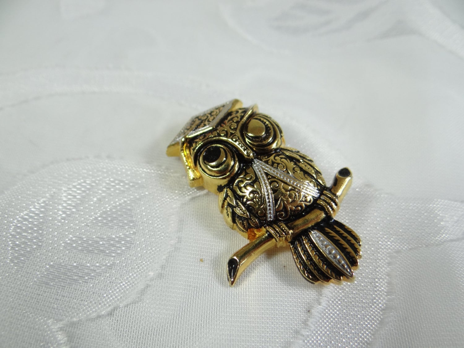 Silver and Gold Tone Winking Owl Brooch Pin - Graduate Owl on a Branch - Antiqued Gold Owl Brooch Pi