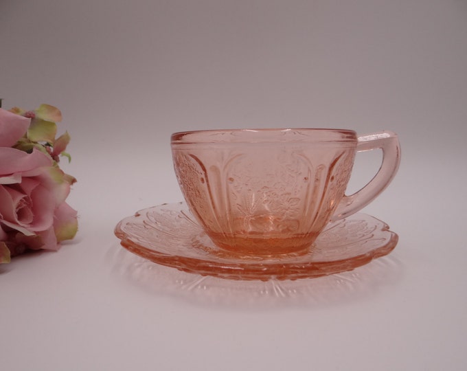 1930s Pink Depression Glass Cherry Blossom Teacup and Saucer