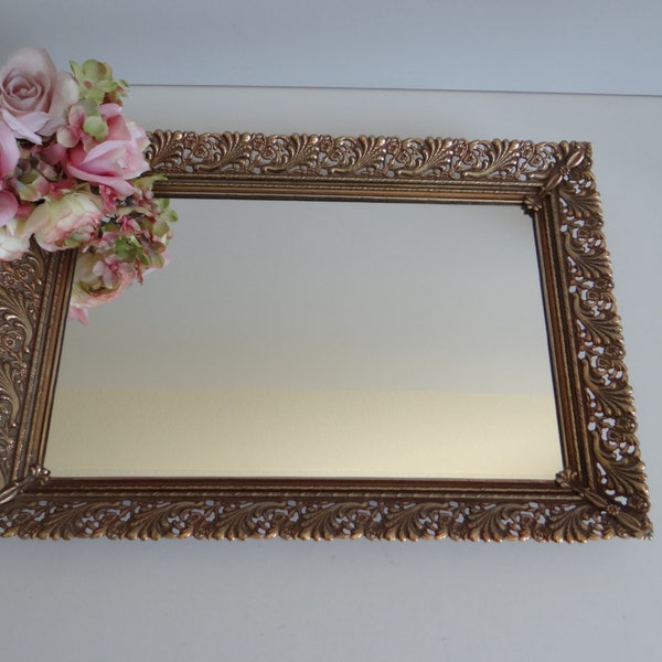 Large Mirrored Vanity Tray with Gold Tone Scalloped Filigree Reticulated Edge - Lovely