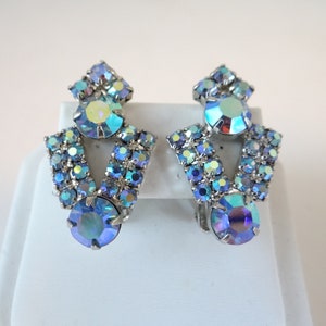 Blue Aurora Borealis Rhinestone Clip On Earrings on a Silver Tone Setting