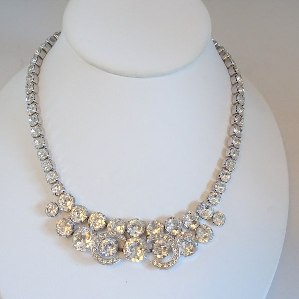 Weiss Clear Faceted Clear Rhinestone Necklace on a Silver Tone Setting - Weiss Vintage Special Occasion Rhinestone Necklace