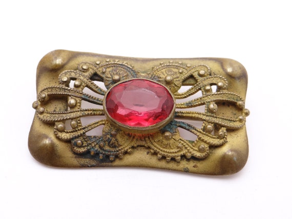 Antique Brooch with Ruby Red Rhinestone on Gold T… - image 2
