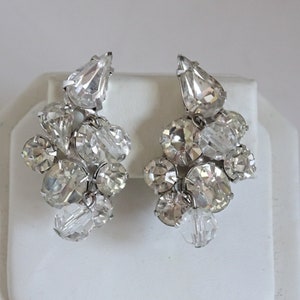 Kramer Clear Marquis and Round Faceted Rhinestone Clip Earrings on a Silver Tone Setting - Vintage Kramer Rhinestone Earrings