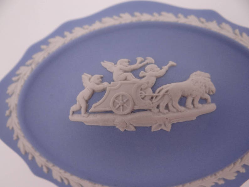 Near Mint Vintage Beautiful Wedgwood Jasperware English Bone China Pale Blue Cupid Silver or Candy Box