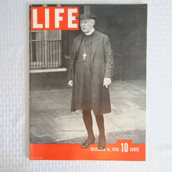 Near Mint - 4th Ever Issue 1936 Life Magazine, December 14, Archbishop of Canterbury - Nettie Rosenstein - Roosevelt