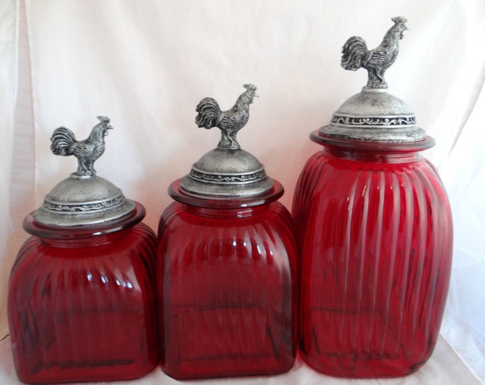 Red Glass Canisters With Pewster Rooster Caps Pretty Home Etsy