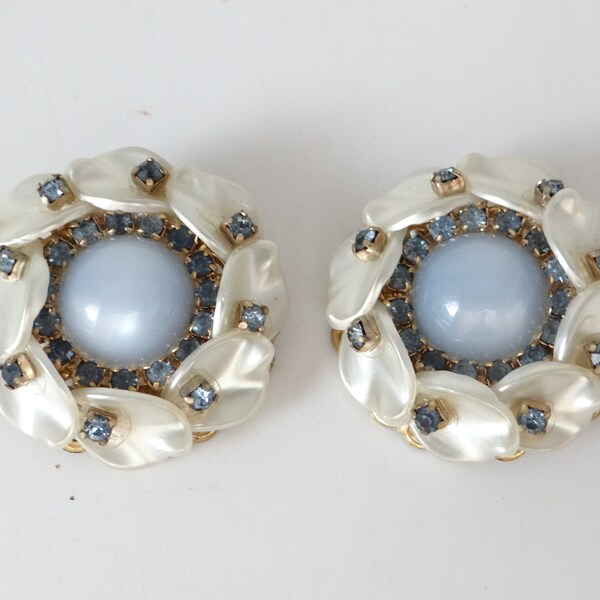Classic and Elegant Mid Century Blue Rhinestone and White Lucite Clip Earrings on a Gold Tone Setting - Stunning Mid Century Earrings