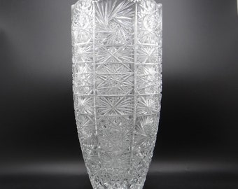 Vintage Cut Crystal Glass Pinwheel and Stars Vase 14.5" Tall a Large and Elegant Home Decor Piece
