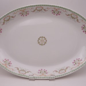 Large 1900s Vintage Redon La Porcelain Limousine Limoges France Pink Rose and Green Chevron 15&quot; Oval Serving Platter