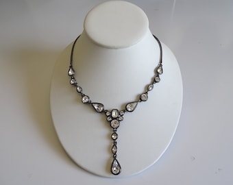Givenchy Signed Clear Faceted Rhinestone Necklace on a Dark Gray Black Setting - Adjustable