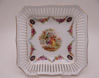 Vintage German "Courting Couple" Reticulated Lattice Square Serving Dish - Charming Jewelry or Ring Dish