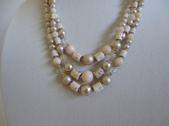 3 Strand Cream and Silver Beads with Gold Bead an… - image 1