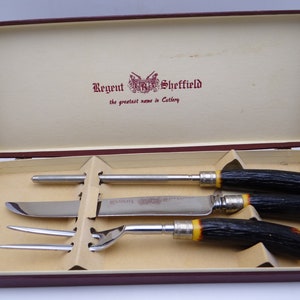 Vintage Mid Century 3 Piece Bone Handled Carving Stag Style Set Regent Sheffield England in Original Box