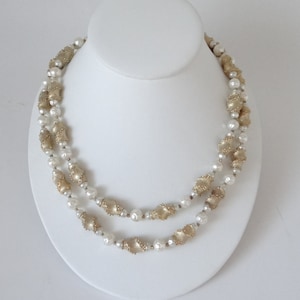 Classic Vintage Crown Trifari Double Strand White Baroque Style Faux Pearl and Gold Tone Twist Necklace w/ original Hang Tag & Hook Closure