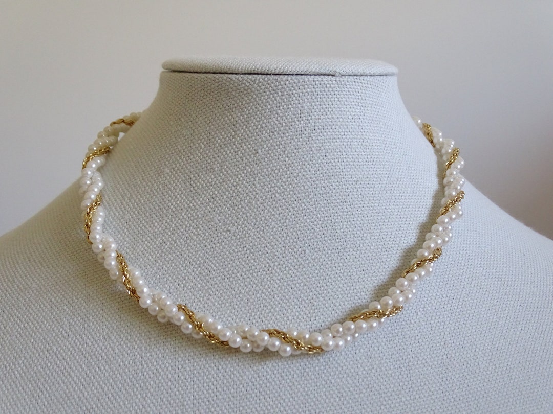 White Faux Twisted Seed Pearl Necklace With Shiny Gold Chain Accent Threaded Between Pearls A
