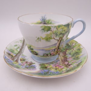 1940s Vintage  Shelley English Bone China &quot;Woodland&quot; Teacup and Saucer Set - Elegant Tea Cup 13348