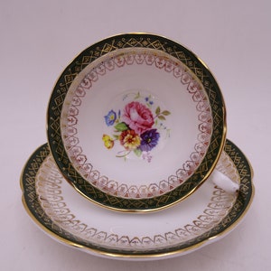1950s Vintage Royal Grafton English Bone China Black and Gold Pink Rose Bouquet Teacup and Saucer Set Charming Tea Cup 1838