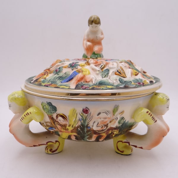 Spectacular Vintage Occupied Japan Cherubs and Naked Ladies Candy Dish Jewelry Box Vanity Box Lidded Bowl