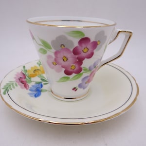 1930s Hand Painted Vintage Delphine China English Bone China Colorful Floral English Tea cup and Saucer set Bright and Colorful Tea Cup