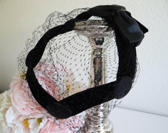 Bergdorf Goodman Vintage Black Satin Button and Velvet Bow Hat with Veil a Beautiful Vintage Accessory