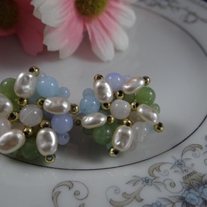 Vintage Pearl and Bead Clip Earrings with Goldtone Accents Pretty Blue and Green Bead Earrings - Pretty Pearl Earrings