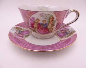 Delightful Vintage Courting Couple Love Story Fragonard Lusterware Teacup and Saucer Set Tea Cup