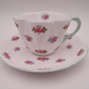 1950s Vintage Shelley English Bone China &quot;Rosebud&quot; Pink Rose Teacup and Saucer Elegant English Tea Cup 13426 - 7 Available