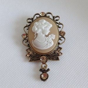 Vintage Reproduction Victorian Cameo Brooch Pin with Amber Rhinestone Accents on Antiqued Gold Setting