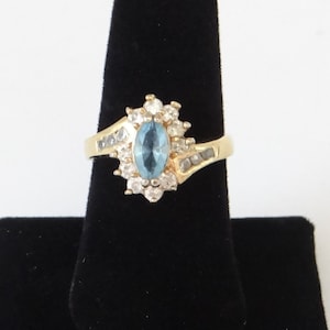 Vintage Marquis Cut Pale Blue and Clear Rhinestone Ring on a Gold Tone Setting - Size  9.25 - Blue and Gold Ring - Gift for Her