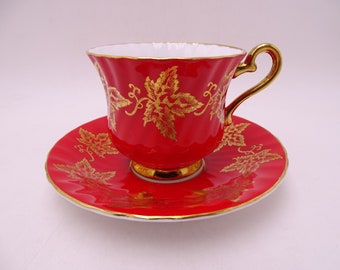 Vintage 1940s H&M Sutherland English Bone China Red and Gold Teacup and Saucer Set Lovely English Tea Cup