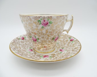 1930s Hand Painted Vintage Phoenix English Bone China Colorful Chintz English Teacup and Saucer English Tea Cup Pattern 446
