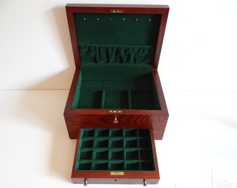 Locking Reed and Barton Wood Jewel Case with Green Velvet Interior and KEY - Gift for Her - Luxury Jewel Case - Elegant Jewelry Box